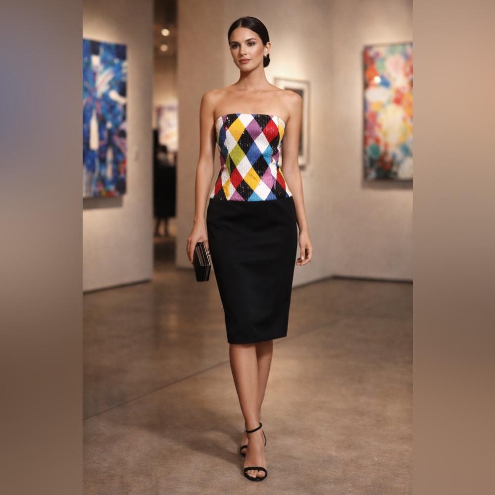 Vintage Jenna Benjamín Strapless Harlequin Sequin Pencil Dress Size 10